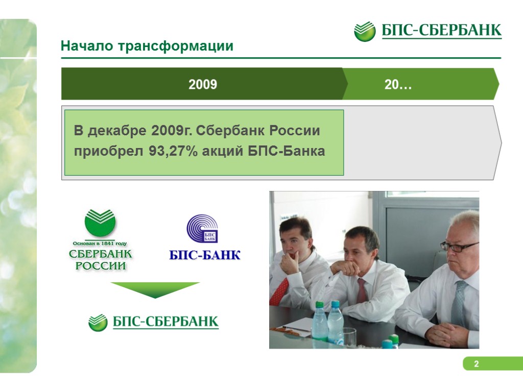 Начало трансформации 20… 2009 В декабре 2009г. Сбербанк России приобрел 93,27% акций БПС-Банка БПС-БАНК